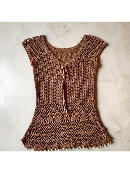 Handmade Tops - Crochet Brown Tunic Top Retro Boho with Cap Sleeves Tie Neck Detailed Bead Hem